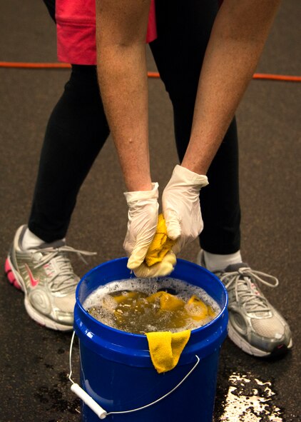 Airmen, from the 919th Special Operations Mission Support Group, came together to scrub down and clean up the Duke Field gym and fitness areas during the September unit training assembly.  (U.S. Air Force photo/Tech. Sgt. Jasmin Taylor)