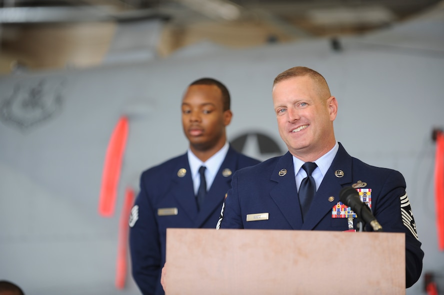 U.S. Air Force Chief Master Sgt. Michael Goetz, 93d Air Ground Operations Wing command chief, addresses the crowd during his retirement ceremony Sept 26, 2014, at Moody Air Force Base, Ga. Goetz will be moving to Panama City, Fla. (U.S. Air Force photo by Andrea Jenkins/Released)