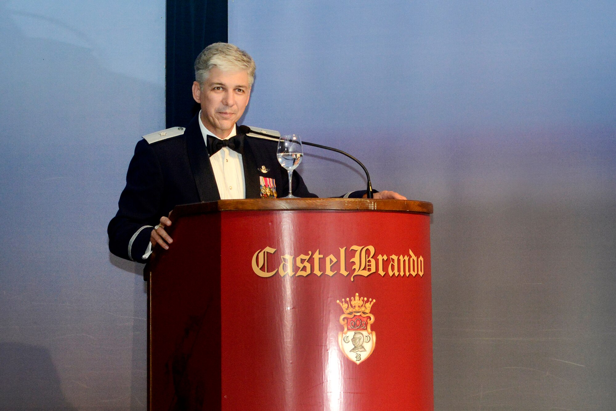 Brig. Gen. Barre Seguin, 31st Fighter Wing commander, gives a speech during the 2014 Air Force Ball, Sept. 26, 2014, at Castel Brando. Throughout the event, members of Team Aviano paid respect to past service members during a Prisoner of War/Missing in Action ceremony, toasted U.S and Italian leadership and celebrated with a formal dinner. (U.S. Air Force photo/Staff Sgt. Jessica Hines)