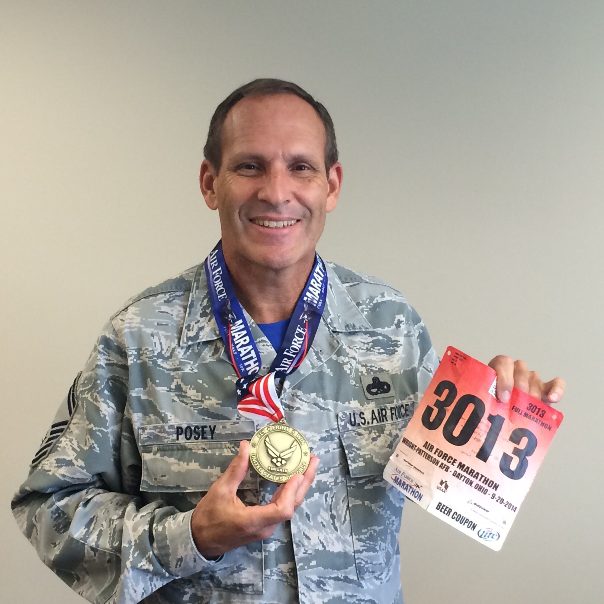 SMSgt Dale Posey, 927th Aircraft Maintenance Squadron Specialist Flight Chief, placed 268 of the 2,912 during the 18th Annual US Air Force Marathon. The USAF Marathon was held September 20 at Wright Patterson AFB, Ohio. (U.S. Air Force Photo/SSgt Adam C. Borgman)