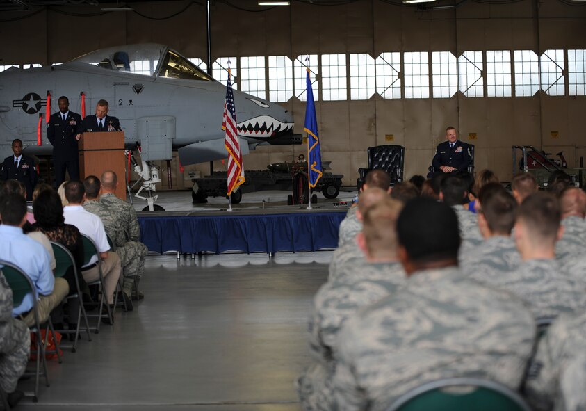 U.S. Air Force Col. Sam Milam, Air Education and Training Command inspector general, talks about  Chief Master Sgt. Michael Goetz, 93d Air Ground Operations Wing Command Chief,  during Goetz’s retirement ceremony Sept. 26, 2014, at Moody Air Force Base, Ga. Milam shared stories about Goetz describing him as a born leader. (U.S. Air Force photo by Andrea Jenkins/Released)