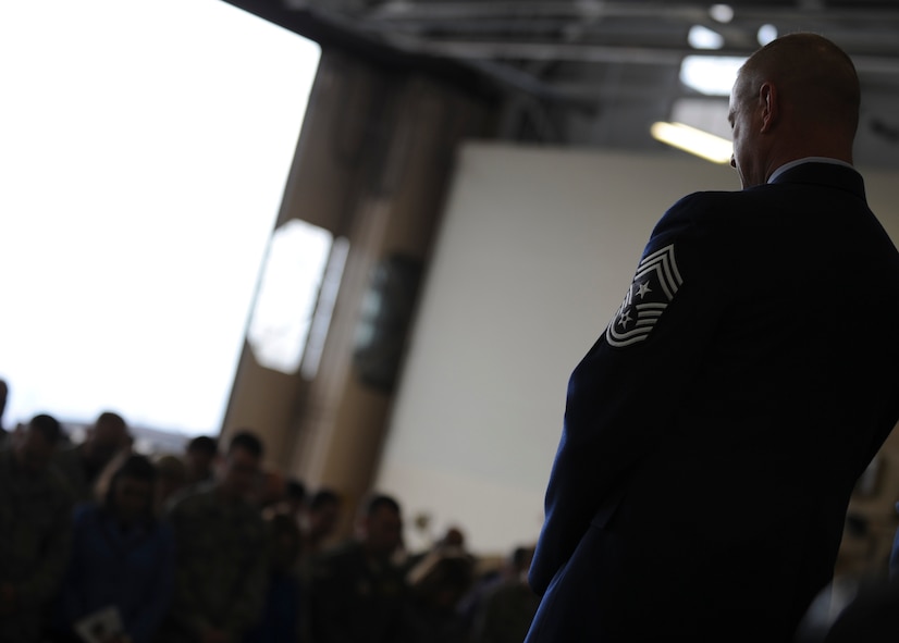 U.S. Air Force Chief Master Sgt. Michael Goetz, 93d Air Ground Operations Wing command chief, looks over the crowd at the beginning of his retirement ceremony Sept. 26, 2014, at Moody Air Force Base, Ga. Goetz, a West Seneca, N.Y. native, served 30 years in the Air Force as a personnel specialist. (U.S. Air Force photo by Andrea Jenkins/Released)