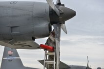 U.S. Air Force Tech. Sgt. Travis Howard, an aircraft propulsion technician from the Kentucky Air National Guard’s 123rd Maintenance Squadron, inspects an intake on a C-130H Hercules aircraft prior to take off Sept. 23, 2014, at Gardermoen Military Air Station in Oslo, Norway. Howard and Airmen from the Kentucky Air Guard’s 123rd Airlift Wing provided airlift support to the 82nd Airborne Division during Operation Noble Ledger. (U.S. Air National Guard photo by Master Sgt. Charles Delano)