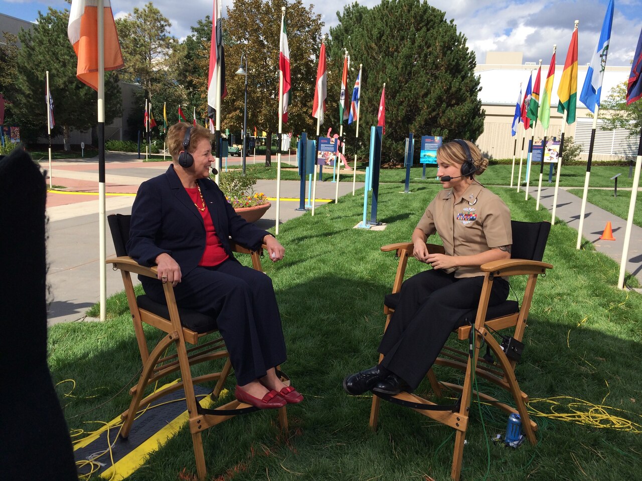 Jessica L. Garfola Wright, left, undersecretary of defense for personnel and readiness, explains the benefits of the Defense Department’s military adaptive sports program to Navy Petty Officer 1st Class Brandie Wills during a live broadcast of DoD News’ Adaptive Warrior Show for the 2014 Warrior Games in Colorado Springs, Colo., Sept. 28, 2014. DoD photo by Army Sgt. 1st Class Tyrone C. Marshall Jr.