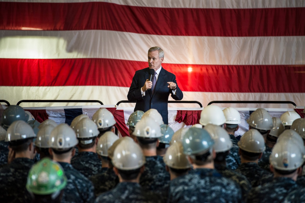 Secretary of the Navy Ray Mabus holds an all-hands call for sailors and shipyard employees at General Dynamics Electric Boat in Groton, Conn., after a tour of the Virginia-class attack submarine Pre-Commissioning Unit Illinois, Sept. 17, 2014. U.S. Navy photo by Petty Officer 2nd Class Armando Gonzales