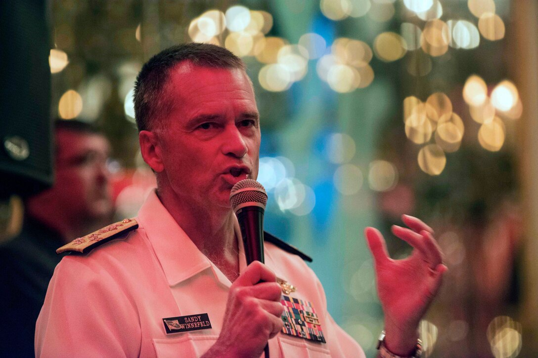 Navy Adm. James A. Winnefeld, Jr., vice chairman of the Joint Chiefs of Staff, speaks to members of the Hudson Union Society in New York, Sept. 29, 2014. 