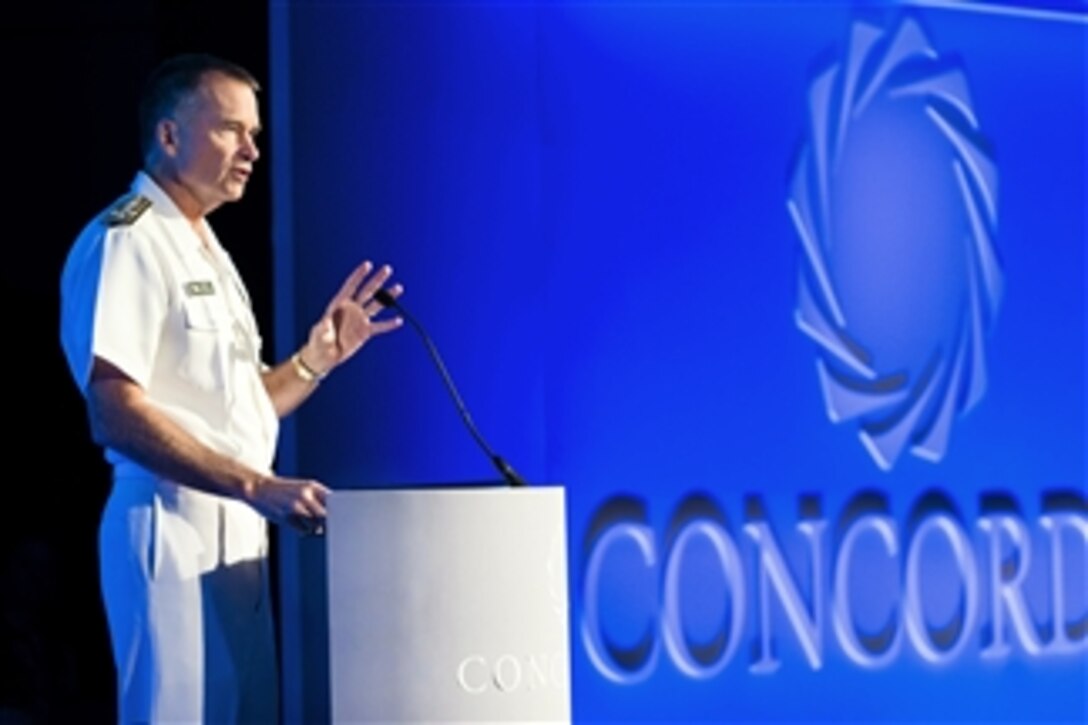 Navy Adm. James A. Winnefeld, Jr., vice chairman of the Joint Chiefs of Staff, speaks at the Concordia Summit in New York, Sept. 29, 2014.
