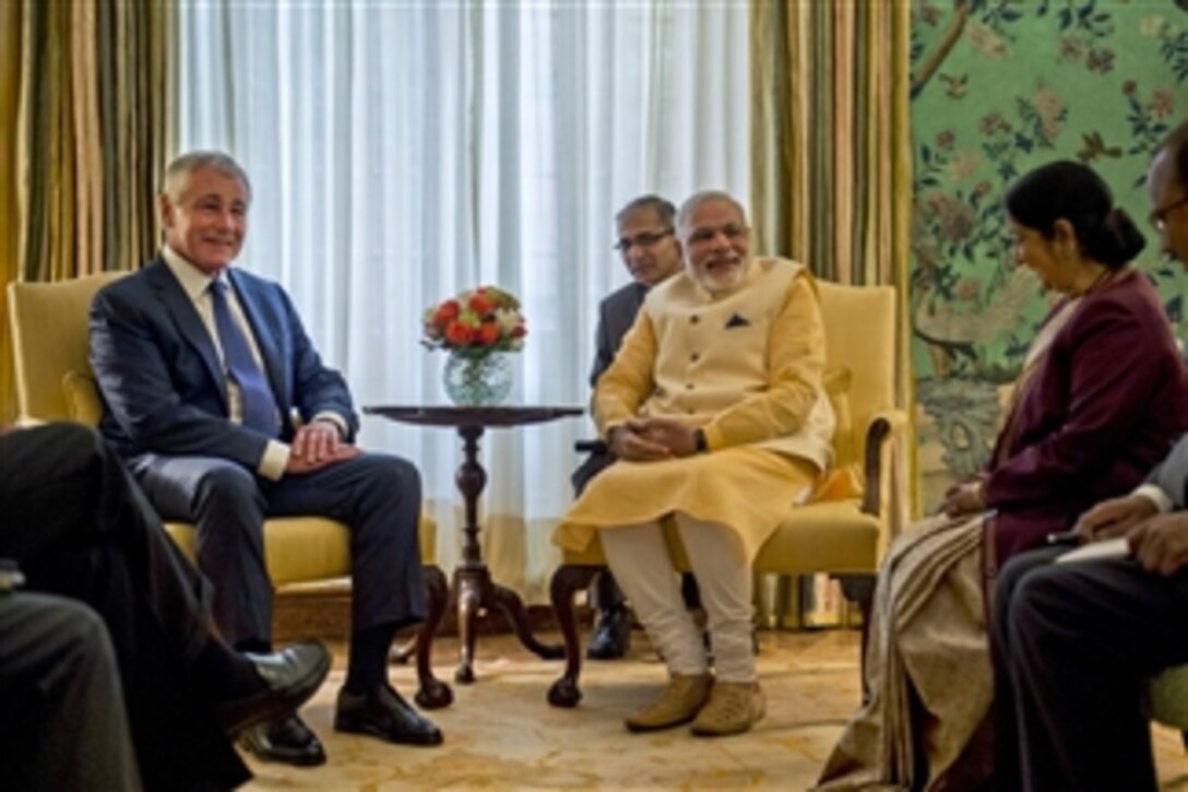 U.S. Defense Secretary Chuck Hagel, left, meets with Indian Prime Minister Narendra Modi at Blair House, also known as the president's guesthouse, in Washington, D.C., Sept. 30, 2014. The two leaders met to discuss issues of mutual importance.