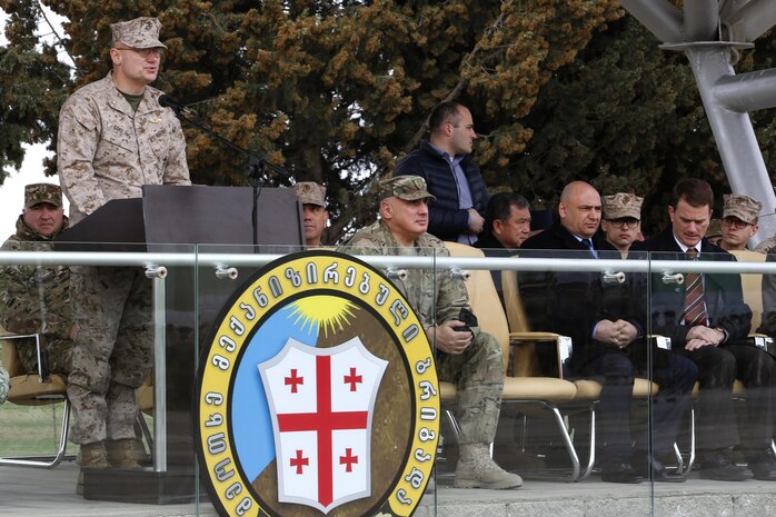 Brigadier General Norman L. Cooling, deputy commander of U.S. Marine Corps Forces Europe and Africa, addresses a Georgian battalion on March 24 who will deploy with U.S. Marine advisors to NATO’s Resolute Support in Afghanistan. The 43rd Light Infantry Battalion have worked with U.S. Marines from the Georgia Deployment Program to prepare for their contribution to the NATO-led mission. 