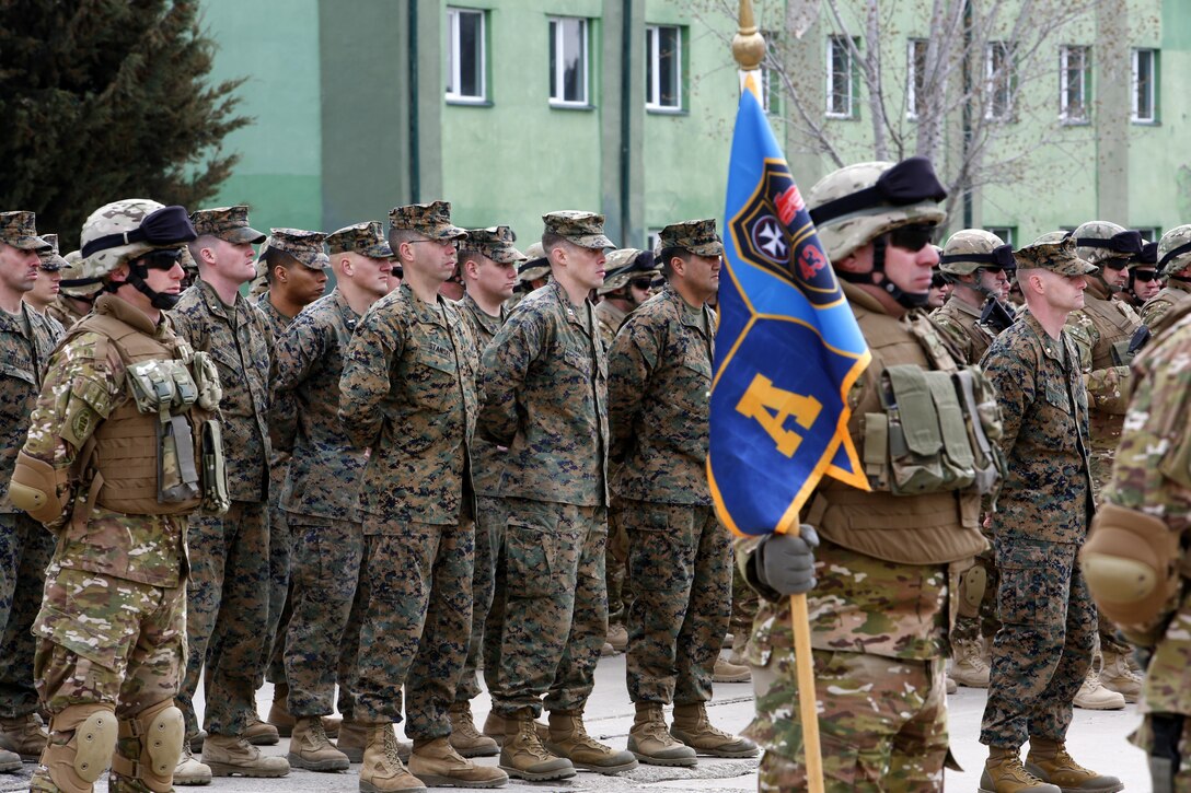 U.S. Marines stand amongst their Georgian counterparts during a departure ceremony at Vaziani Training Area, Georgia, March 24. The Marines and Georgian 43rd Light Infantry Battalion will contribute to NATO’s Resolute Support in Afghanistan after working since October to prepare for it.