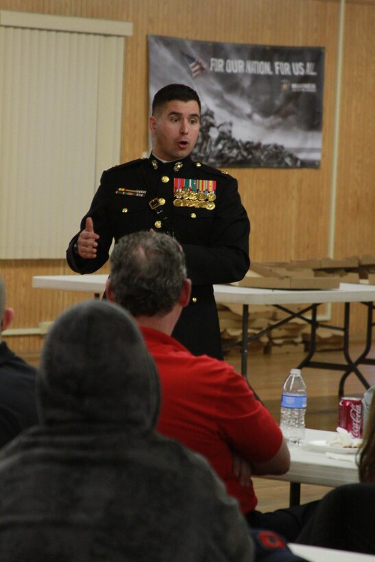 U.S. Marine Corps Major Gabriel L. Diana, commanding officer of Marine Corps Recruiting Station Charleston, West Virginia, speaks to parents of Recruiting Sub-station Springfield poolees during an annual Family Night March 19, 2015, at Veterans of Foreign Wars Post 1031 in Springfield, Ohio. Diana, a Columbus, Ohio, native, thanked the poolees for choosing to defend their country and shared his experiences in the Marine Corps, reassuring parents of their child’s choice. (U.S. Marine Corps photo by Sgt. Caitlin Brink/Released)