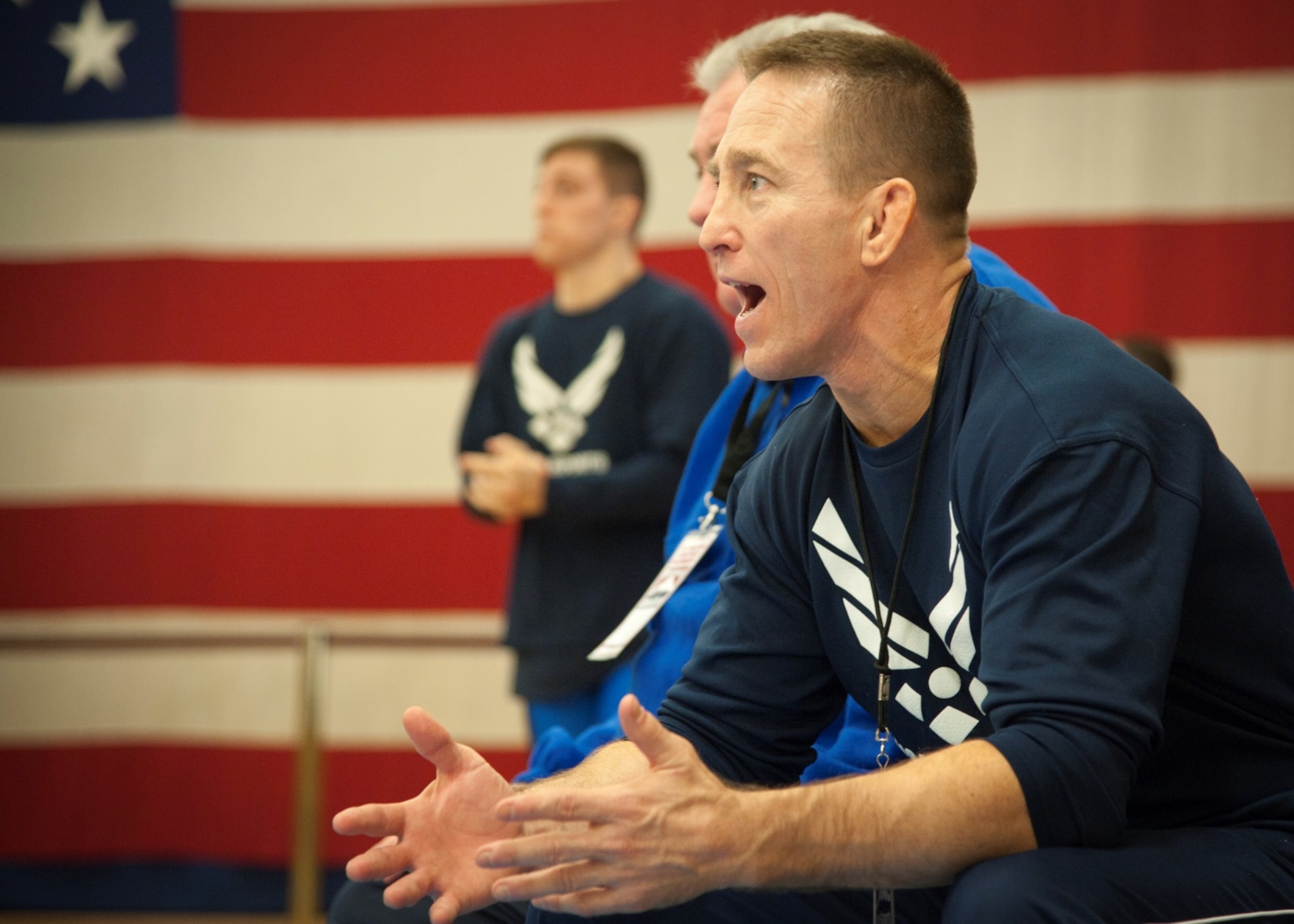Air Force Wrestling Assistant Coach Senior Master Sgt. Steve Horton shouts instructions to one of his wrestlers during the 2015 Armed Forces Wrestling Championships at Fort Carson, Colorado, March 27. Horton is from Scott Air Force Base, Illinois. (U.S. Air Force photo/Staff Sgt. J. Aaron Breeden)