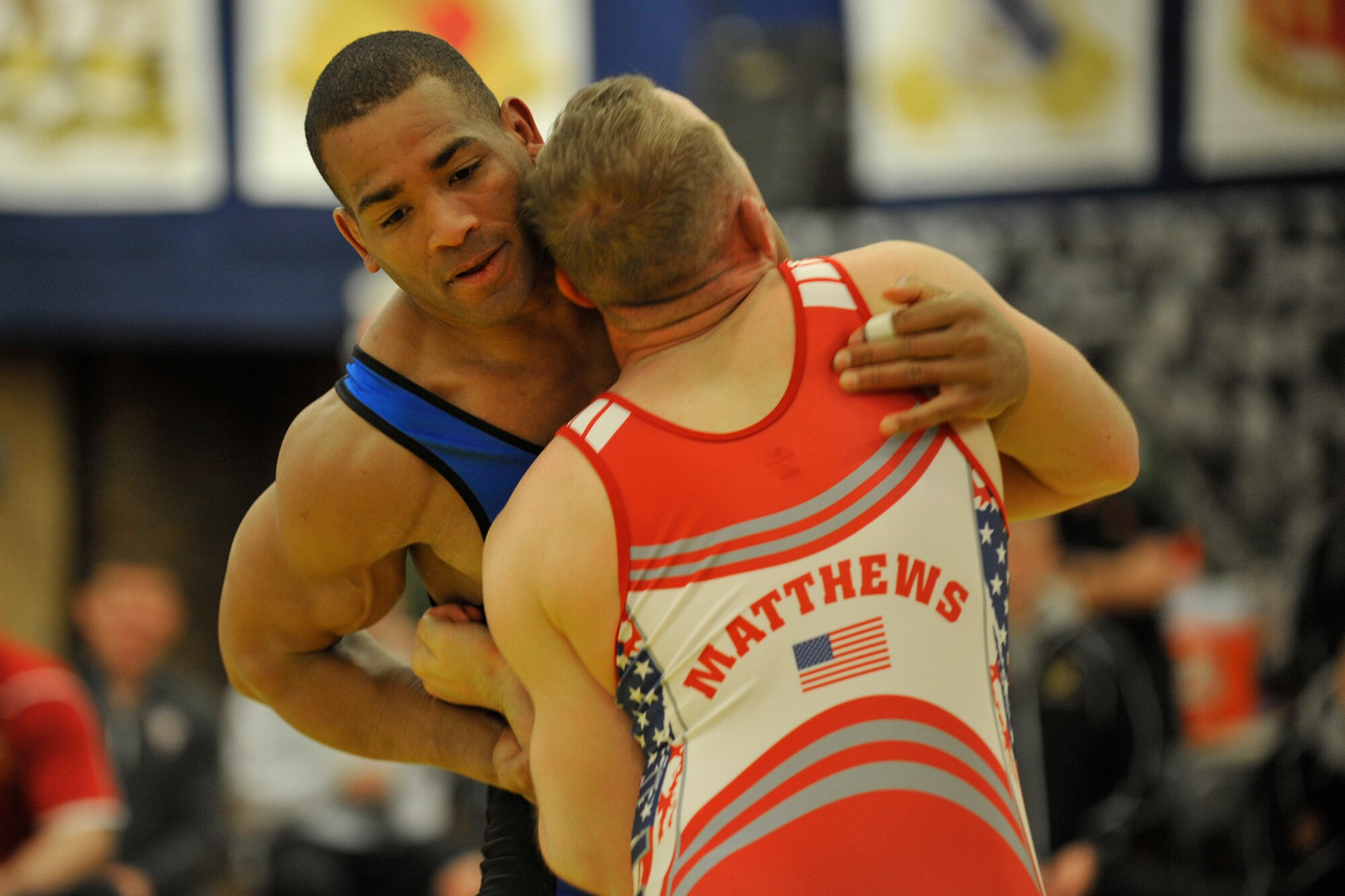 Sherwin Severin grapples with his opponent during the 2015 Armed Forces Wrestling Championships at Fort Carson, Colorado, March 27. Based out of Joint Base Anacostia-Bolling, Washington D.C., and wrestling in the 176 lb. division, Severin, a master sergeant, earned silver in Greco Roman wrestling. (U.S. Air Force photo/Robb Lingley)