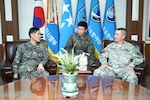 OSAN AIR BASE, Republic of Korea (Mar. 27, 2015) - Brig. Gen. Eric Sanchez, Commander, 94th Army Air and Missile Defense Command, sits with Maj. Gen. Kim, Commander, Republic of Korea Air Force, Air Defense Missile Command, while discussing IAMD opportunities during exercise Key Resolve 2015.

