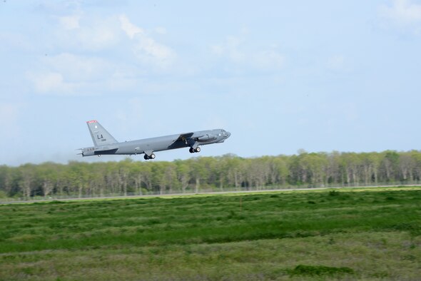 A B-52H Stratofortress takes off at Barksdale Air Force Base, La., April 1, 2015 during a U.S. Strategic Command-directed training mission, called "Polar Growl." The round-trip sortie from their U.S. home to the Arctic region allowed the aircrews to hone their navigation skills and enhanced their ability to work with Allied partners. USSTRATCOM is one of nine DoD unified combatant commands and is charged with strategic deterrence; space operations; cyberspace operations; joint electronic warfare; global strike; missile defense; intelligence, surveillance and reconnaissance; combating weapons of mass destruction; and analysis and targeting. (U.S. Air Force photo by Amn. 1st Class Curt Beach)