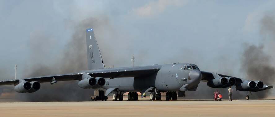 A B-52H Stratofortress prepares to take off at Barksdale Air Force Base, La., April 1, 2015. The flight was part of a U.S. Strategic Command-directed mission to the Arctic and North Sea regions called "Polar Growl." Bomber operations provide a flexible and visible signal that highlights the U.S. ability to deter strategic attacks and respond to any potential future crisis or challenge.  (U.S. Air Force photo/Airman 1st Class Curt Beach)
