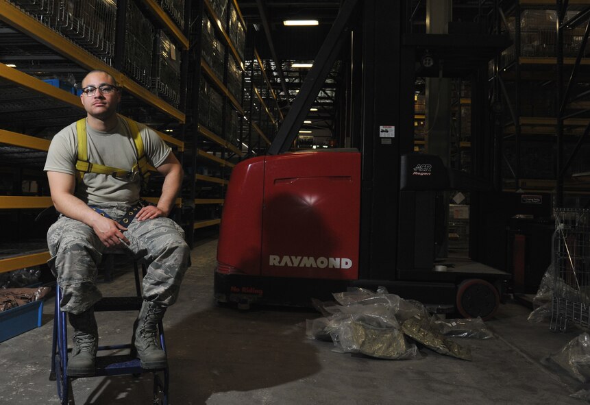 Staff Sgt. Micheal Heger, 92nd Logistics Readiness Squadron individual protective equipment supervisor,
is part of the material management flight that conducts monthly inventories on all assets in the warehouse March 26, 2015, at Fairchild Air Force Base, Wash. The material management flight validates the integrity of shelf life by inspecting each specific asset lot number, manufacturer date and expiration date.  (U.S. Air Force photo/Staff Sgt. Samantha Krolikowski)
