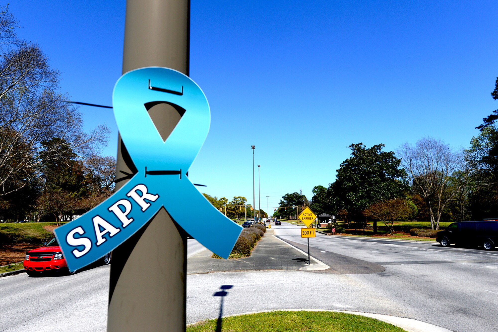 Approximately 10 members from the 628th Civil Engineer Squadron placed teal Sexual Assault Prevention and Response awareness ribbons on light posts at Joint Base Charleston Air Base's front and back gates March 31, 2015. The 628th Air Base Wing declared the month of April 2015 as Sexual Assault Awareness Month for Team Charleston. The teal ribbons symbolize the start of SAAM.  (U.S. Air Force photo by Senior Airman Christopher Reel)