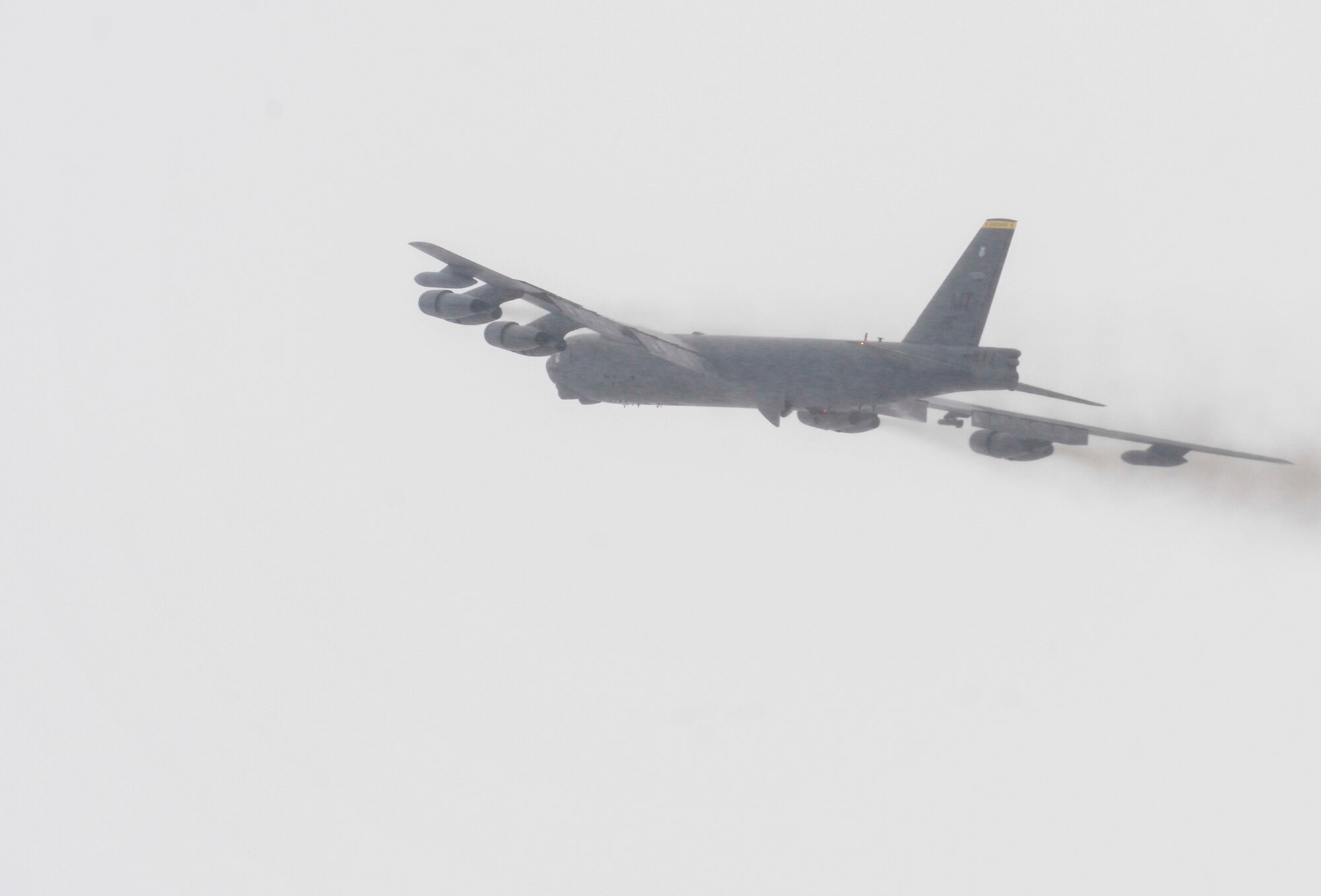 A B-52H Stratofortress takes flight during a rapid launch exercise on Minot Air Force Base, N.D., March 27, 2015. The exercise tested the response time of both aircrew members and flightline personnel. (U.S. Air Force photo/Senior Airman Stephanie Morris)