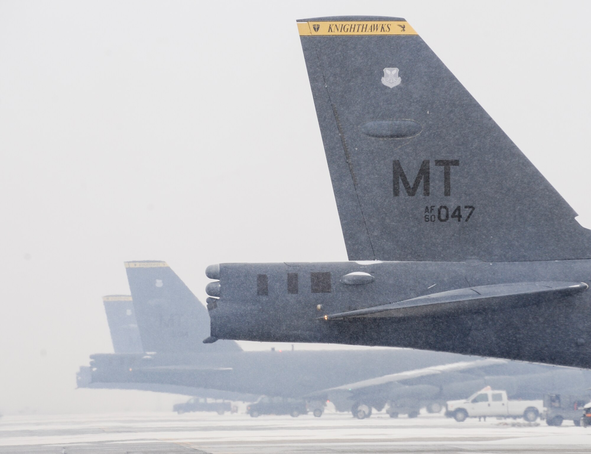 B-52H Stratofortresses sit on the flightline during a rapid launch exercise on Minot Air Force Base, N.D., March 27, 2015. The exercise required fluid team work and cooperation between aircrews, crew chiefs and a variety of other base agencies. (U.S. Air Force photo/Senior Airman Stephanie Morris)