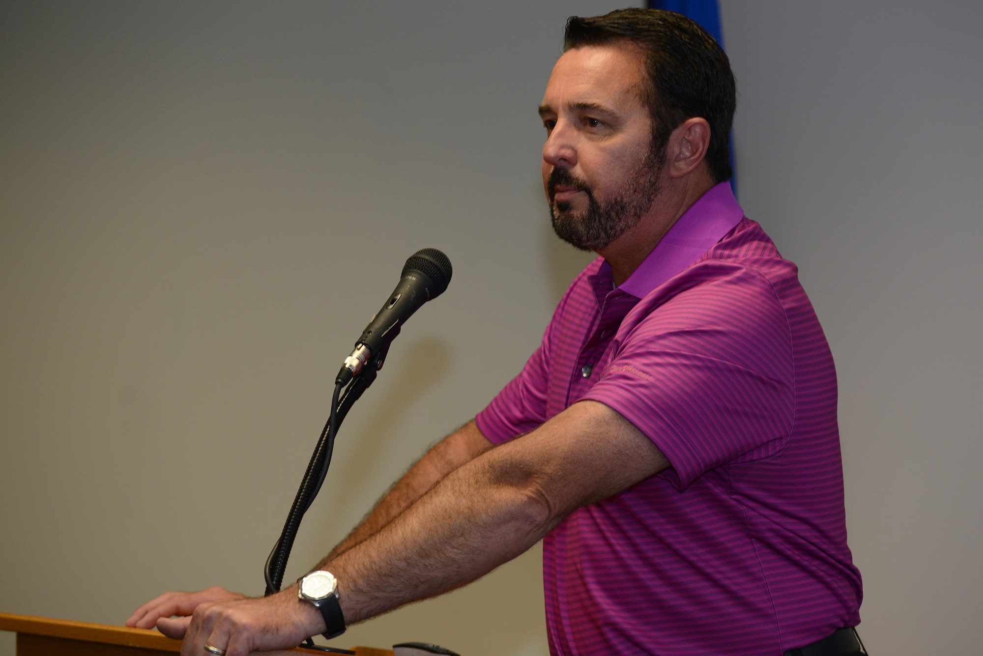 Dr. Howard Wasdin, a former Navy SEAL Team Six member, talks to members of the 820th Base Defense Group March 27, 2015, at Moody Air Force Base, Ga. Wasdin spoke of his time as a sniper during “Operation Gothic Serpent” in Somalia made famous by the movie Black Hawk Down. (U.S. Air Force photo by Airman 1st Class Kathleen D. Bryant/Released)