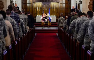 Members from Joint Base Langley-Eustis, Virginia, attend a memorial service for U.S. Air Force Airman 1st Class Zachary Wolfe at Langley Air Force Base, Va., March 24, 2015. Wolfe was 22 years old when he passed away on March 17, 2015. (U.S. Air Force photo by Senior Airman Kayla Newman/Released) 