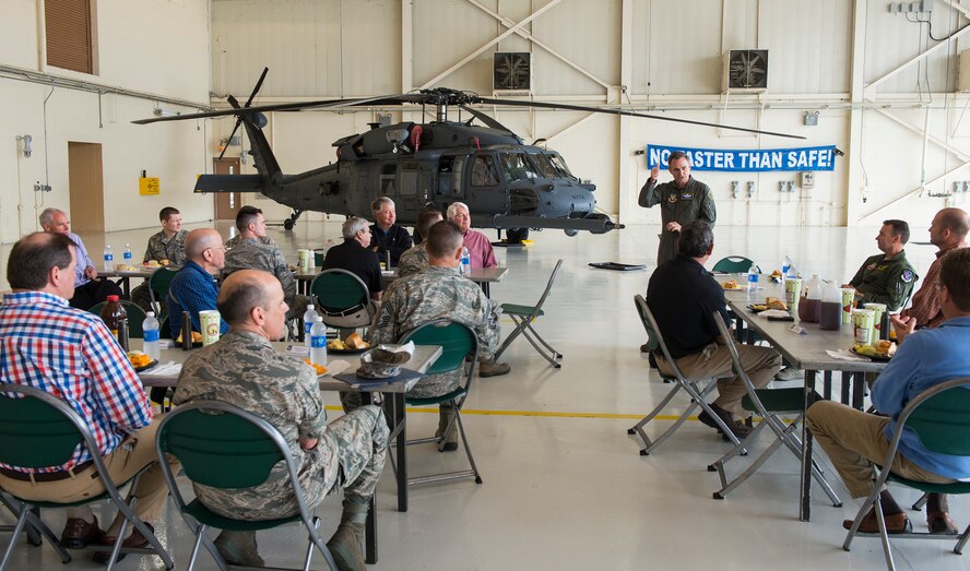 U.S. Air Force Maj. Gen. H. D. Polumbo, Jr., Ninth AF commander, talks with Airmen and members of the Air Force Association Dobbins Chapter 331 March 27, 2015, at Moody Air Force Base, Ga. Polumbo wrapped up his visit with a mentorship lunch with young Airmen and AFA members. (U.S. Air Force photo by Airman 1st Class Ceaira Tinsley/Released)