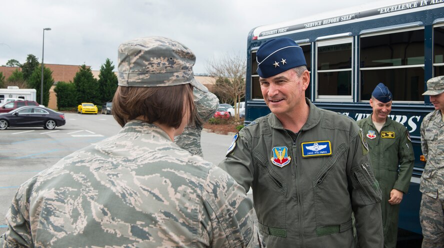 U.S. Air Force Maj. Gen. H. D. Polumbo, Jr., Ninth AF commander, greets Maj. (Dr.) Erin Sturgell, 23rd Medical Operations Squadron clinical medicine flight commander, March 27, 2015, at Moody Air Force Base, Ga. As a part of his visit, Polumbo met with leadership from the 23rd Wing and 93rd Air Ground Operations Wing to discuss ways to further assist Airmen in receiving the best possible medical care. (U.S. Air Force photo by Airman 1st Class Ceaira Tinsley/Released)
