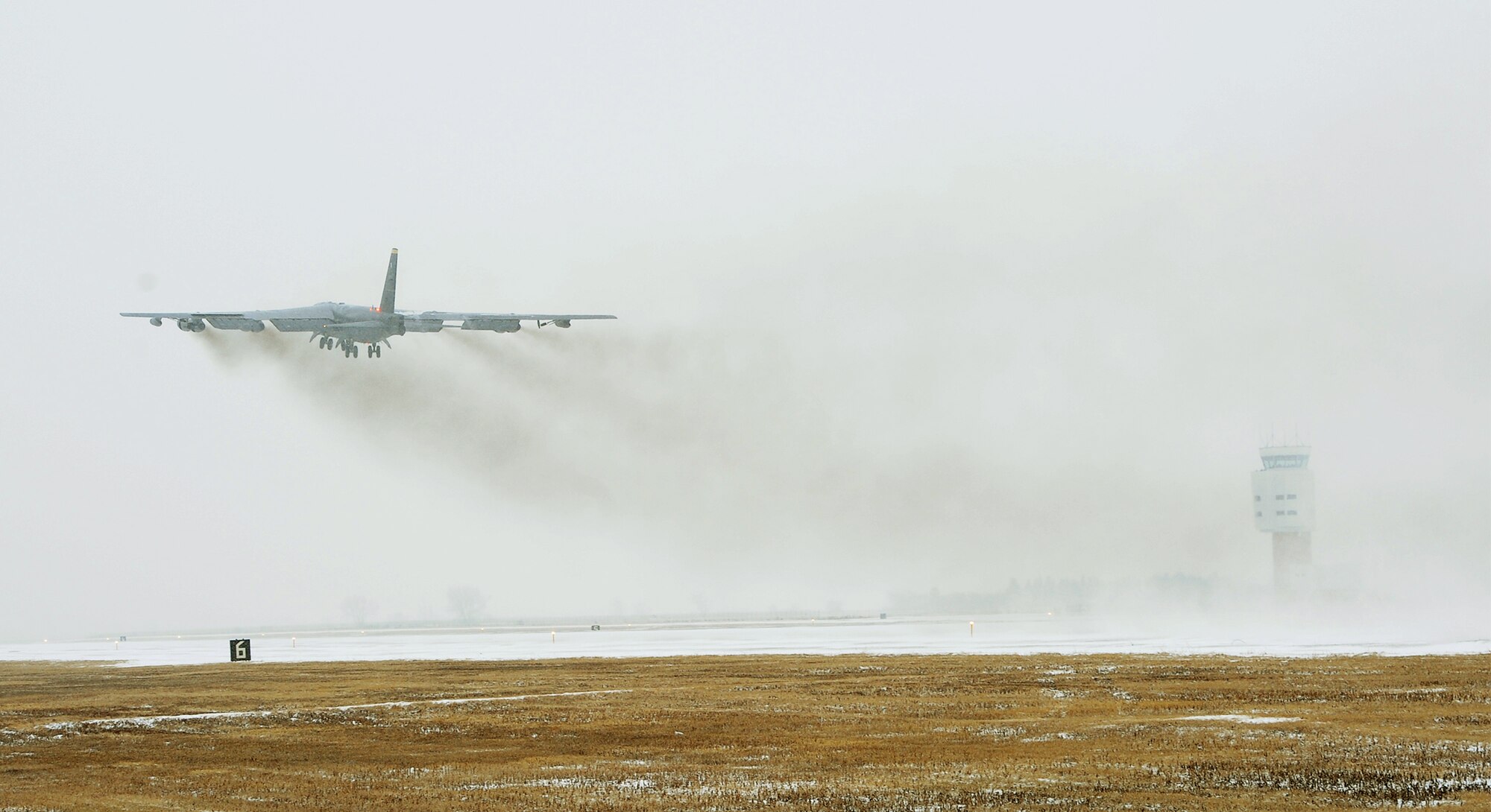 A B-52H Stratofortress takes off during the Prairie Vigilance exercise on Minot Air Force Base, N.D., March 27, 2015. The purpose of the exercise was to demonstrate conventional capabilities in a realistic training environment to simulate combat. (U.S. Air Force photo/Senior Airman Kristoffer Kaubisch)