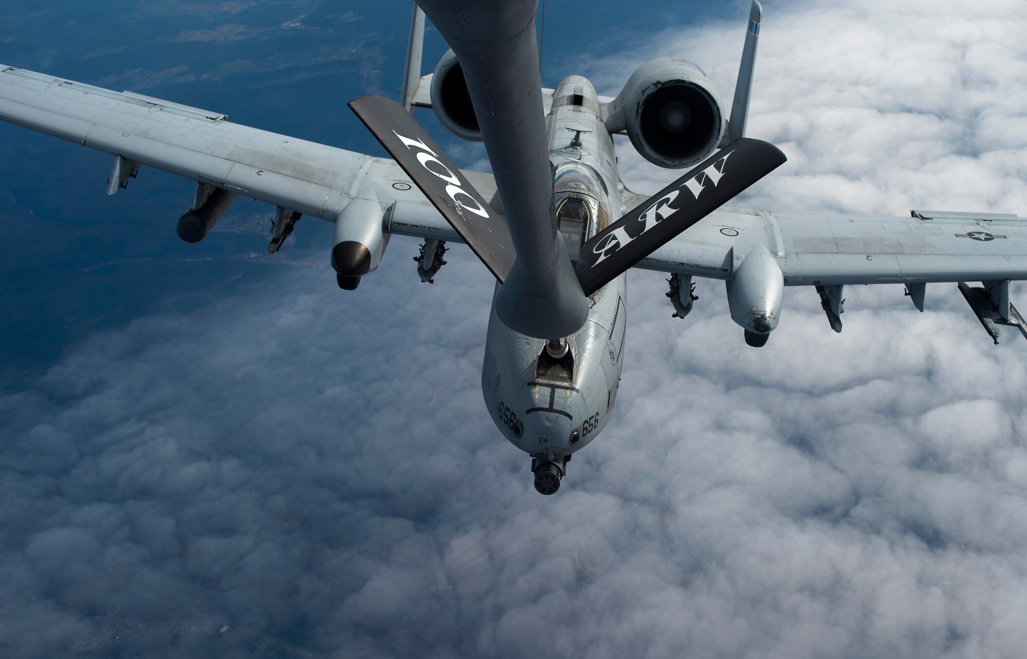 A KC-135 Stratotanker from the 100th Air Refueling Wing refuels a 354th Expeditionary Fighter Squadron A-10 Thunderbolt II above Ramstein Air Base, Germany, March 26, 2015. The A-10s deployed as part of a theater security package in support of Operation Atlantic Resolve. The TSP deployments are possible with the strategic access provided by infrastructure, support and relationships with local communities at U.S. and host nation installations. Service members from Ramstein, Spangdahlem Air Base, Germany, and Royal Air Force Mildenhall, England, were all involved in the aerial refueling training. Aircrew from Mildenhall stayed a multiple days at Ramstein to operate from the Air Force’s premier power projection platform, giving the A-10s deployed to Spangdahlem quick access to aerial refueling capabilities. (U.S. Air Force photo/Senior Airman Damon Kasberg)