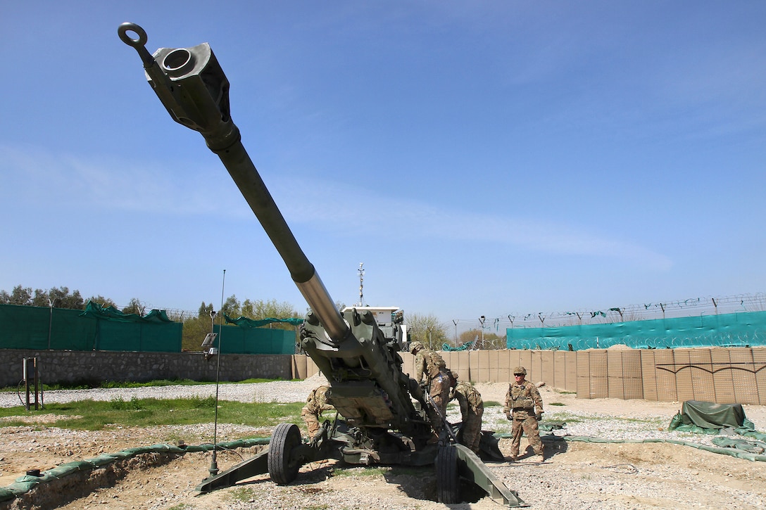 U.S. artillerymen prepare to conduct M777A2 howitzer training with precision-guided munitions on Operational Base Fenty, Afghanistan, March 19, 2015.