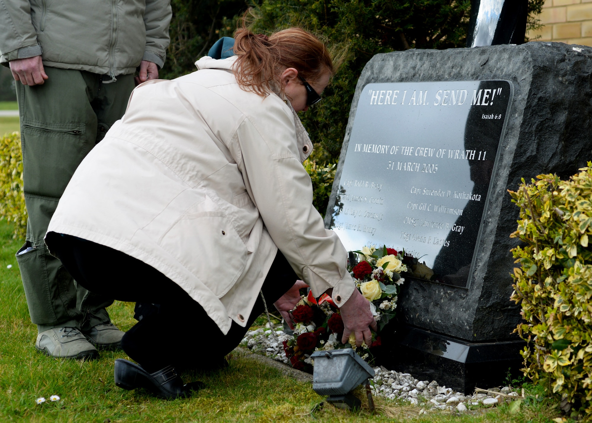 Greta Kothakota, the mother of deceased U.S. Air Force Capt. Surrender D. Kothakota, during the remembrance ceremony March 31, 2015, at the 7th Special Operations Squadron on RAF Mildenhall, England. The ceremony, held in honor of the 10th anniversary of the nine Airmen who died when WRATH-11, an MC-130H Combat Talon II assigned to the 7th SOS, crashed in Albania on March 31, 2005. The flight was part of a training exercise with two other aircraft to train on low-level and low-light flying. (U.S. Air Force photo by Senior Airman Victoria H. Taylor)