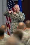 Chief Master Sgt. James W. Hotaling, the command chief master sergeant of the Air National Guard addresses senior enlisted leaders during the annual Command Chief’s Huddle at Volk Field Combat Readiness Training Center, Wis., March 28, 2015. The Command Chief’s Huddle brings together more than 150 Command Chief Master Sergeants and other senior enlisted leaders from 89 ANG wings and units, representing 54 states, territories and the District of Columbia to openly discuss a wide range of issues and challenges facing the ANG. A
