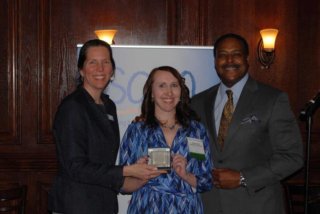SCAN Executive Director Sonia Quinonez, left, Kristiana Poole and ABC7’s Leon Harris at the Stop Child Abuse Now of Northern Virginia’s Allies in Prevention Awards Luncheon March 25.