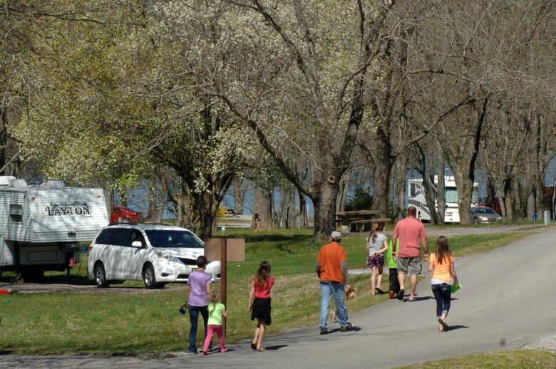 A family enjoys a walk April 1, 2015 at Defeated Creek Campground in Defeated, Tenn.  All 25 of the U.S. Army Corps of Engineers Nashville District campgrounds will be open by May 2015.