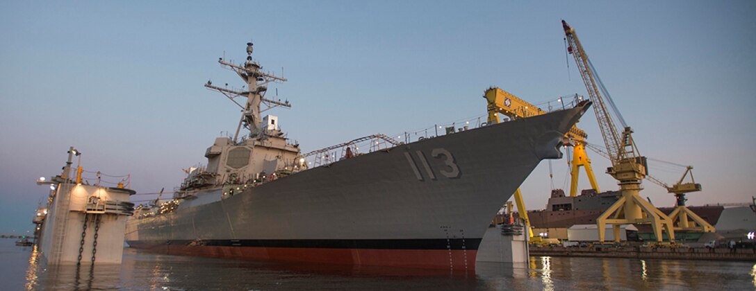 PASCAGOULA, Mississippi - The future USS John Finn (DDG 113) was launched March 28. John Finn, the first Flight IIA Arleigh Burke class (DDG 51) ship will be equipped with the Navy's Aegis Combat System, the world's foremost integrated naval weapons system. Flight IIA ships will provide increased capabilities over previous DDG 51 destroyers, including advances in anti-submarine warfare, command and control, and anti-surface warfare. (Photo courtesy of HII)
