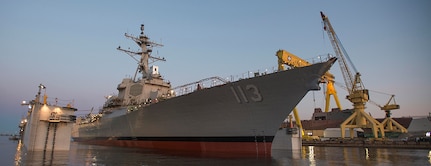 PASCAGOULA, Mississippi - The future USS John Finn (DDG 113) was launched March 28. John Finn, the first Flight IIA Arleigh Burke class (DDG 51) ship will be equipped with the Navy's Aegis Combat System, the world's foremost integrated naval weapons system. Flight IIA ships will provide increased capabilities over previous DDG 51 destroyers, including advances in anti-submarine warfare, command and control, and anti-surface warfare. (Photo courtesy of HII)