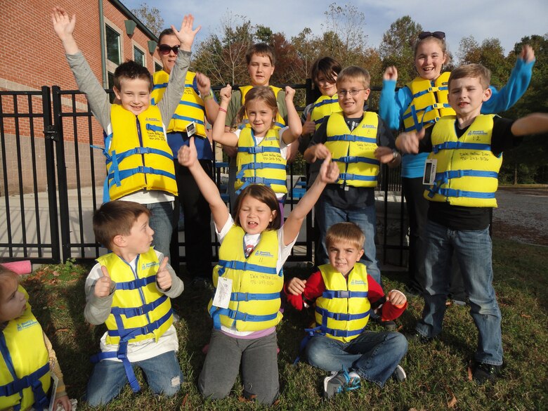 Students from the Putnam County School System wear BOAT US Foundation Life jackets to illustrate the importance of water safety in Cookeville, Tenn.