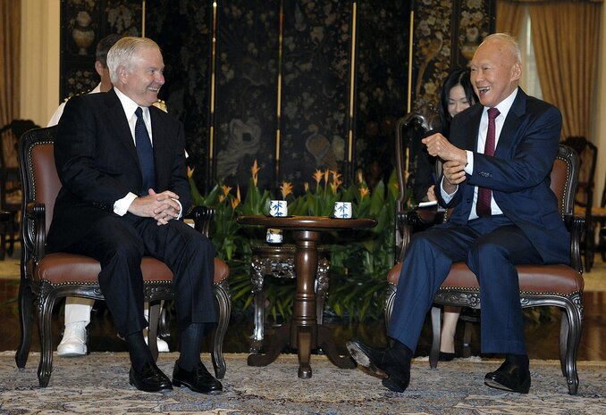 Defense Secretary Robert M. Gates shares a laugh with Singapore Minister Mentor Lee Kuan Yew during a meeting in Singapore, June 2, 2007. Gates was in Singapore to attend the 6th International Institute for Strategic Studies conference, the Shangri-La Dialogue. Defense Dept. photo by Cherie A. Thurlby