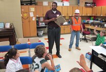 U.S. Army Corps of Engineers Huntsville Center employees Juan Pace and Dominic Ragucci give career talk at Monte Sano Elementary School.