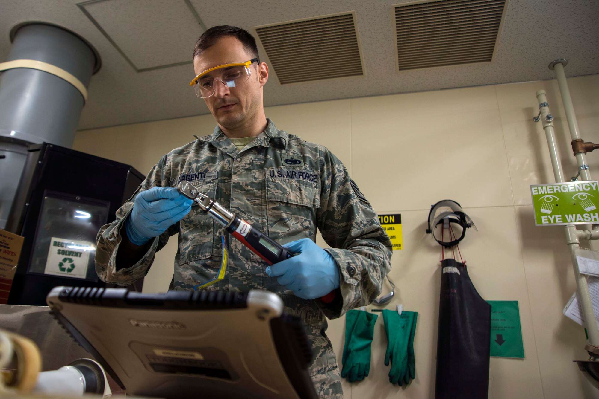 Staff Sgt. Brian Argenti, 35th Maintenance Squadron, prepares for a calibration test March 31, 2015, at Misawa Air Base, Japan. Argenti works in the hydraulics systems shop where he and co-workers maintain a handful of hydro systems for F-16 Fighting Falcons across the Air Force. (U.S. Air Force photo by Staff Sgt. Derek VanHorn/Released)