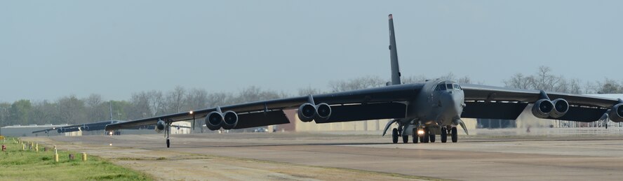 A B-52H Stratofortress taxis off the runway on Barksdale Air Force Base, La., April 2, 2015. The flight was part of a U.S. Strategic Command-directed mission to the Arctic and North Sea regions called "Polar Growl." Bomber operations provide a flexible and visible signal that highlights the U.S. ability to deter strategic attacks and respond to any potential future crisis or challenge. (U.S. Air Force photo/Senior Airman Benjamin Gonsier)