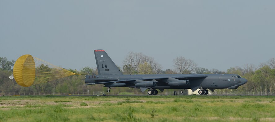 A B-52H Stratofortress lands on Barksdale Air Force Base, La., April 2, 2015. The flight was in support of a U.S. Strategic Command-directed mission to the Arctic and North Sea regions called "Polar Growl." Bomber operations provide a flexible and visible signal that highlights the U.S. ability to deter strategic attacks and respond to any potential future crisis or challenge. (U.S. Air Force photo/Senior Airman Benjamin Gonsier)