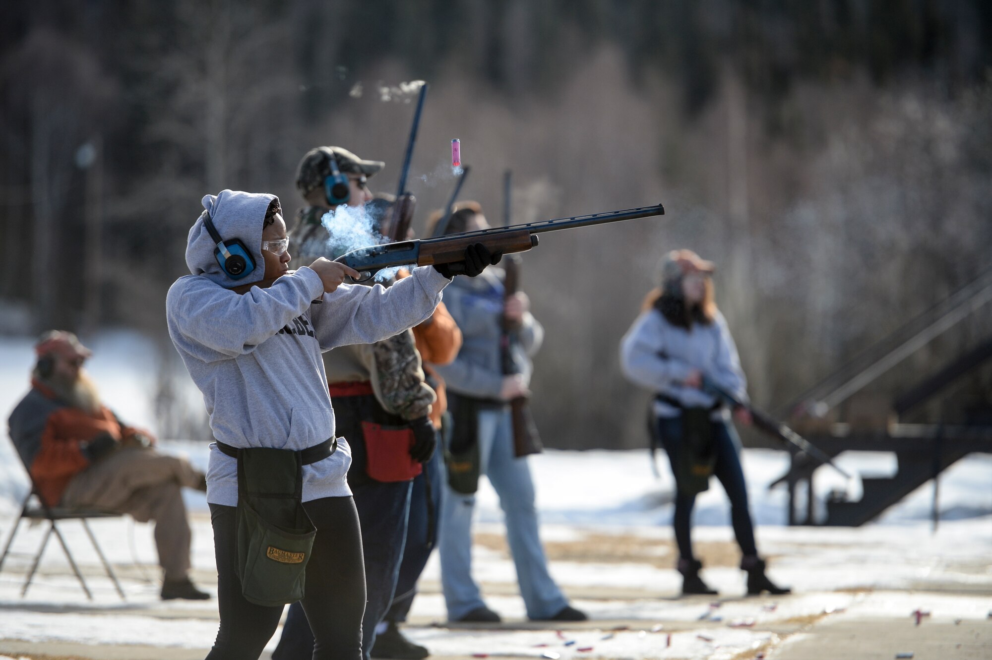 Members of the Iceman Team shoot targets during a 354th Fighter Wing Sports Day trap shooting event at Eielson Air Force Base, Alaska, March 30, 2015. Sports day gave Airmen from different squadrons a chance to test their skills in a variety of sporting events. (U.S. Air Force photo by Senior Airman Peter Reft/Released)