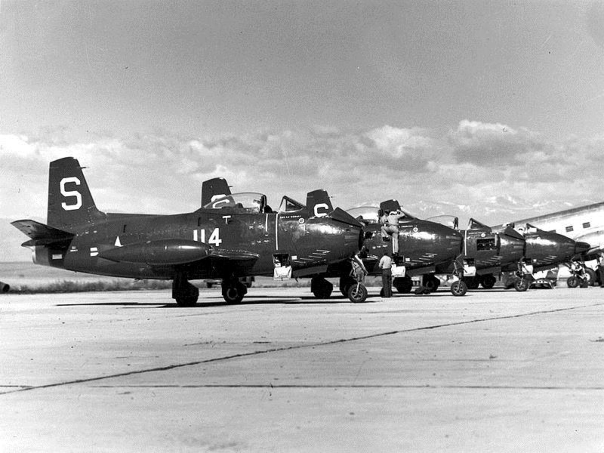 The U.S. Navy’s North American FJ-1 Furies are lined up on the ground at the Naval Air Station-Denver. The FJ-1 was the first operational jet aircraft in U.S. Navy service. (Courtesy Photo) 