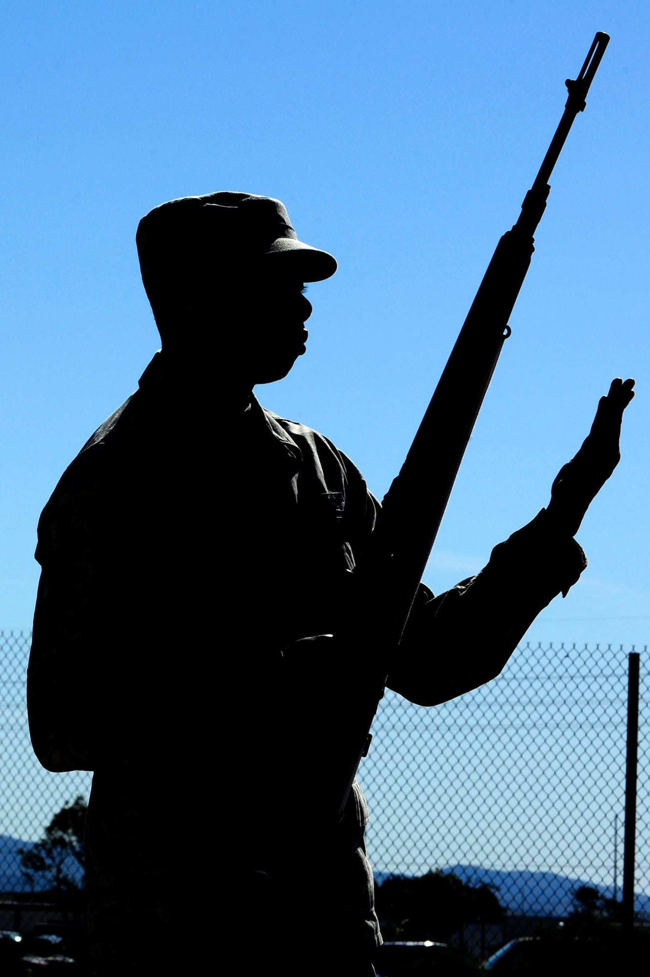 A Vandenberg Honor Guard member pay respect by presenting arms in a demonstration of a funeral ceremony during training March 25, 2015, Vandenberg Air Force Base, Calif. Honor guardsmen promote the Air Force mission by showcasing drill performances at public and military venues. (U.S. Air Force photo by Staff Sgt. Jim Araos/Released)