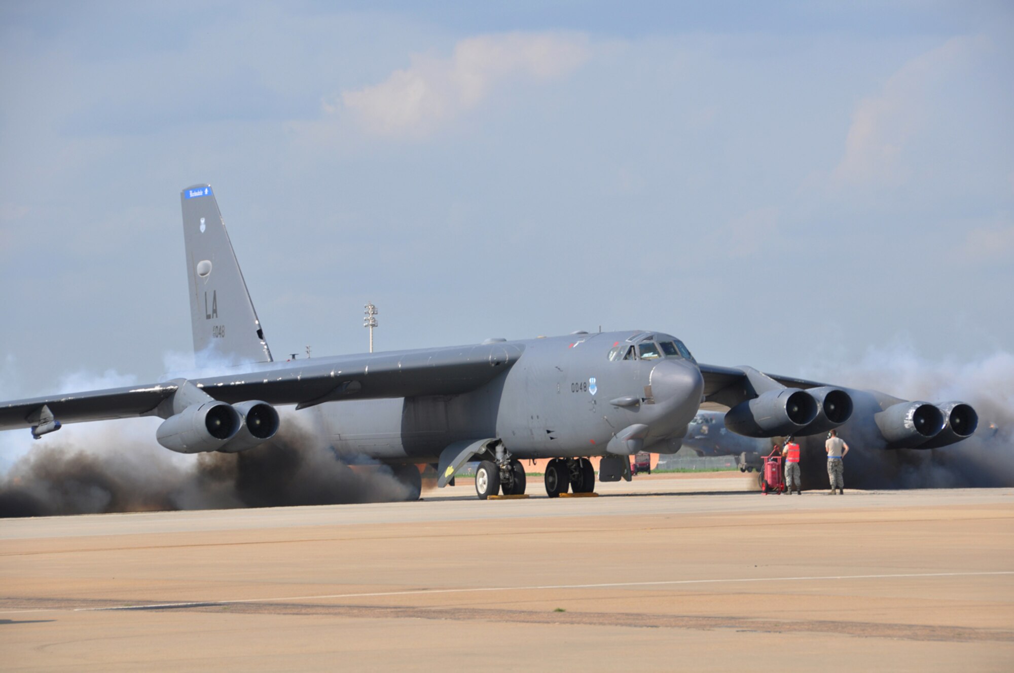 Engines start on the B-52 Stratofortress named the Phoenix, at Barksdale Air Force Base, La. The “Phoenix” is taking part in the Total Force Enterprise mission with the 2nd and 307th Bomb Wings in the command directed mission “Polar Growl”. The B-52 is capable of delivering large payloads of precision nuclear or conventional ordnance over long ranges, while also providing decision makers the ability to rapidly project military power and generate decisive effects. This is a long range exercise over the Arctic and North Sea regions. (U.S. Air Force photo by Master Sgt. Laura Siebert/Released)