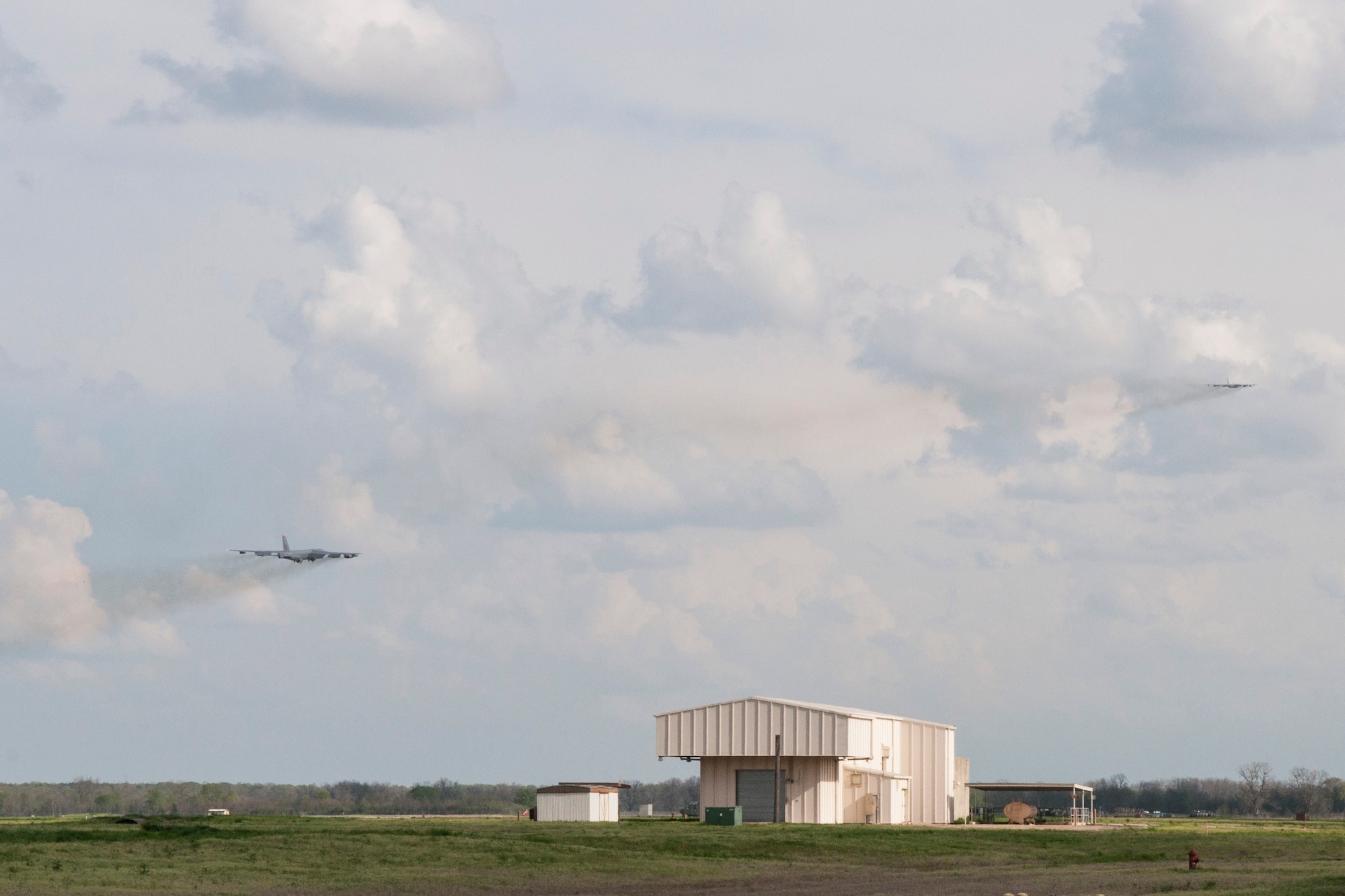 Two B-52 Stratofortress’ from the 2nd Bomb Wing take off in support of Exercise “Polar Growl” from Barksdale Air Force Base, La. on April 1, 2015. These aircraft will conduct simultaneous, long-range sorties from Barksdale to the Arctic and North Sea regions. Aircrew from the 2nd Bomb Wing and 307th Bomb Wing both participated in this exercise that supports the Nation’s ability to maintain a strong, credible bomber force that enhances and provides for the security and stability of our Allies and partners.  (U.S. Air Force photo by Master Sgt. Dachelle Melville/Released)