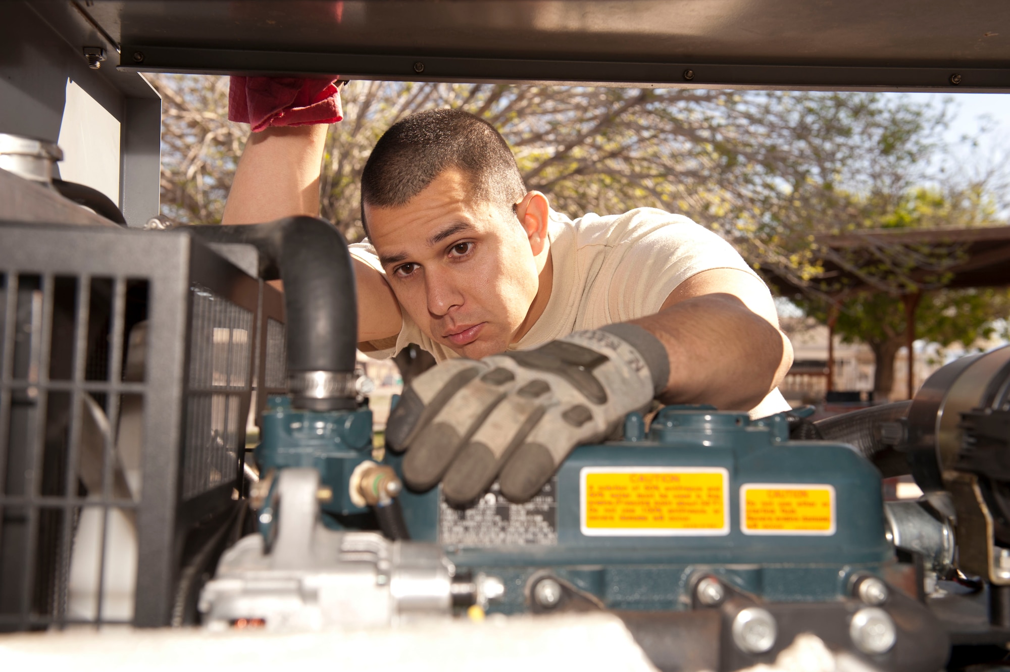 Staff Sgt. Nicholas Moreno, 49th Maintenance Squadron Aerospace Ground Equipment craftsman, completes an operational check on a Magnum Light, also known as a lightall, at Holloman Air Force Base, N.M. April 1, 2015. An Ops check is completed after any major or minor maintenance to ensure all systems are working correctly. Lightalls are used to illuminate the aircraft during night operations and also provide a power source for needed equipment during launching. (U.S. Air Force photo by Staff Sgt. E’Lysia A. Wray/Released)
