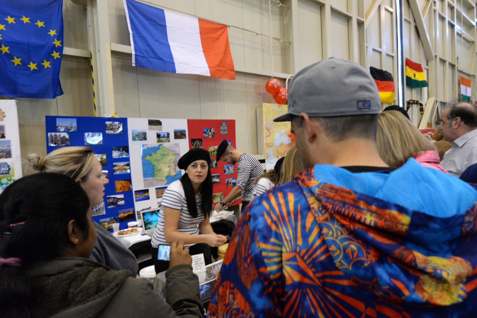 Crepes and other native foods at the French booth were popular among the attendees of the Air War College and Air Command and Staff College International Culture Day, March 23, 2015, at Maxwell Air Force Base, Alabama. The partnership-building event featured the customs and cultures of the 62 different countries represented by the 111 international officers attending both AWC and ACSC. (U.S. Air Force photo by Airman 1st Class Alexa Culbert)
